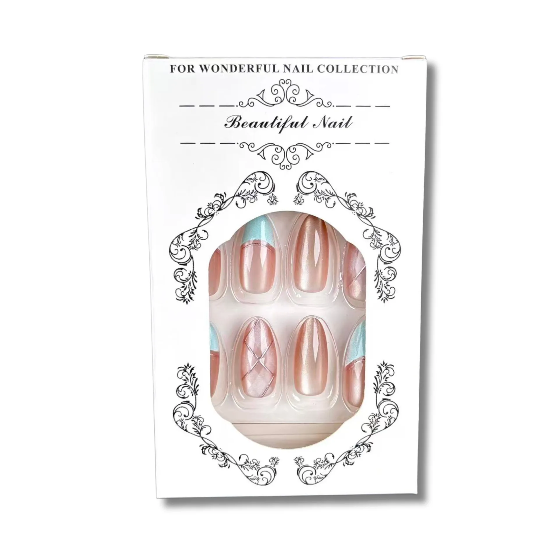 30pcs Blue French Tip Press On Nails Silver Plaid Line Cat Eye Fake Nail Glossy Short Almond False Nail for Women&Gril Nail Art 5