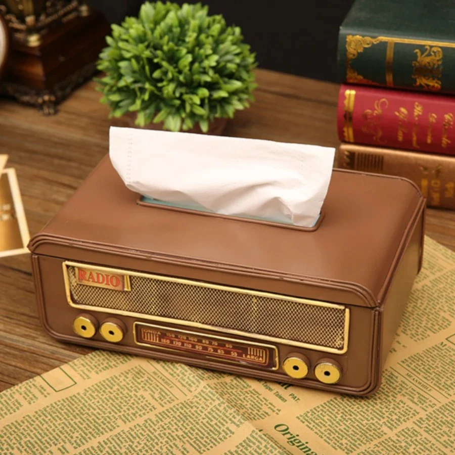 Retro Radio Shape Tissue Box Cover Distressed Metal Napkin Holder Creative Dispenser Tissue Living Room Kitchen Counter Decor