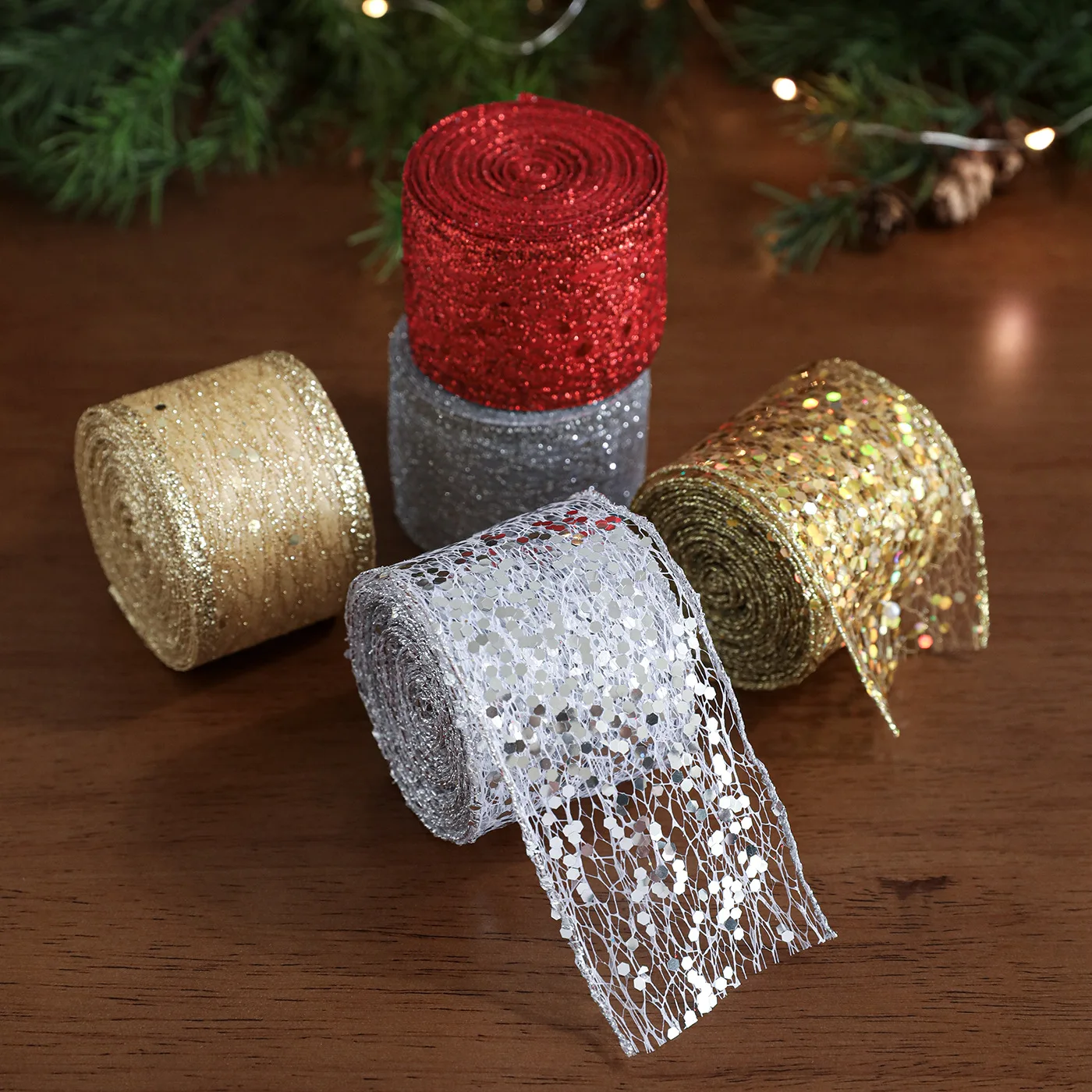 Gold Ribbon Elegant Diy Gift Bow Sequin Ribbon Rustic Wreath Decor Ribbon For Christmas Tree Gift Packaging Holiday Decoration