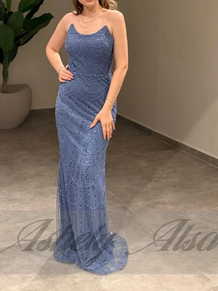 A2513 Elegancka Granatowa Suknia Wieczorowa Damska z Perłami Syrena Długa Do Podłogi na Wesele, Imprezę, Bal, Okazję, Szyta na Miarę