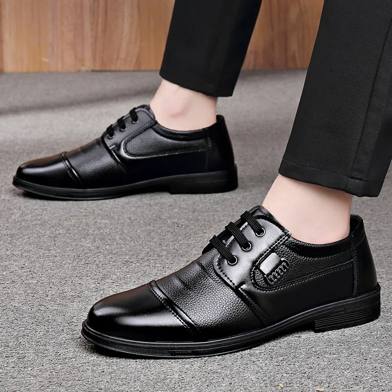 Men's leather shoes, formal dress shoes, casual shoes with laces, business leather shoes, round-toe stitched shoes