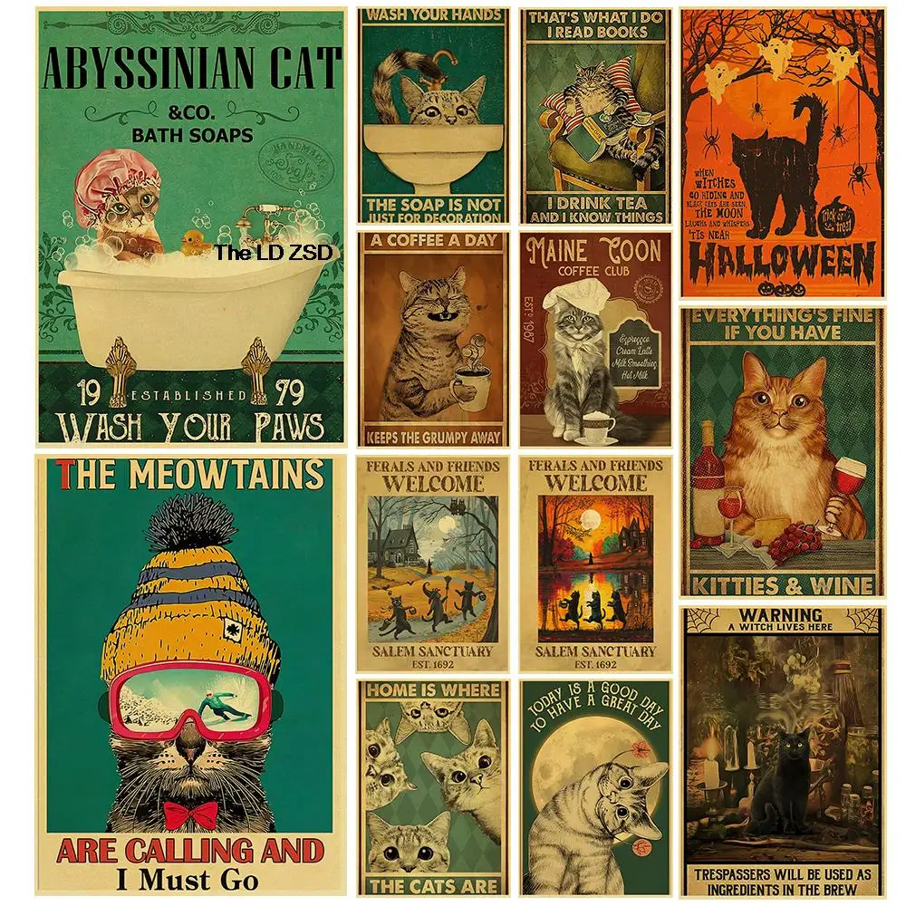 

Artisian Cat Poster Art Picture Coffee Home Bedroom Kids Room Decoration Kraft Paper Wall Room Painting Community Bar Decor