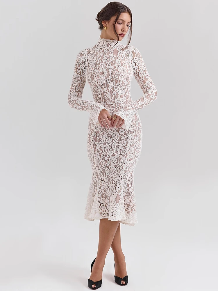 Mozision Lace Long Sleeve Sexy Midi Dress For Women Elegant White Half High Collar High Waist Bodycon Club Party Sexy Long Dress