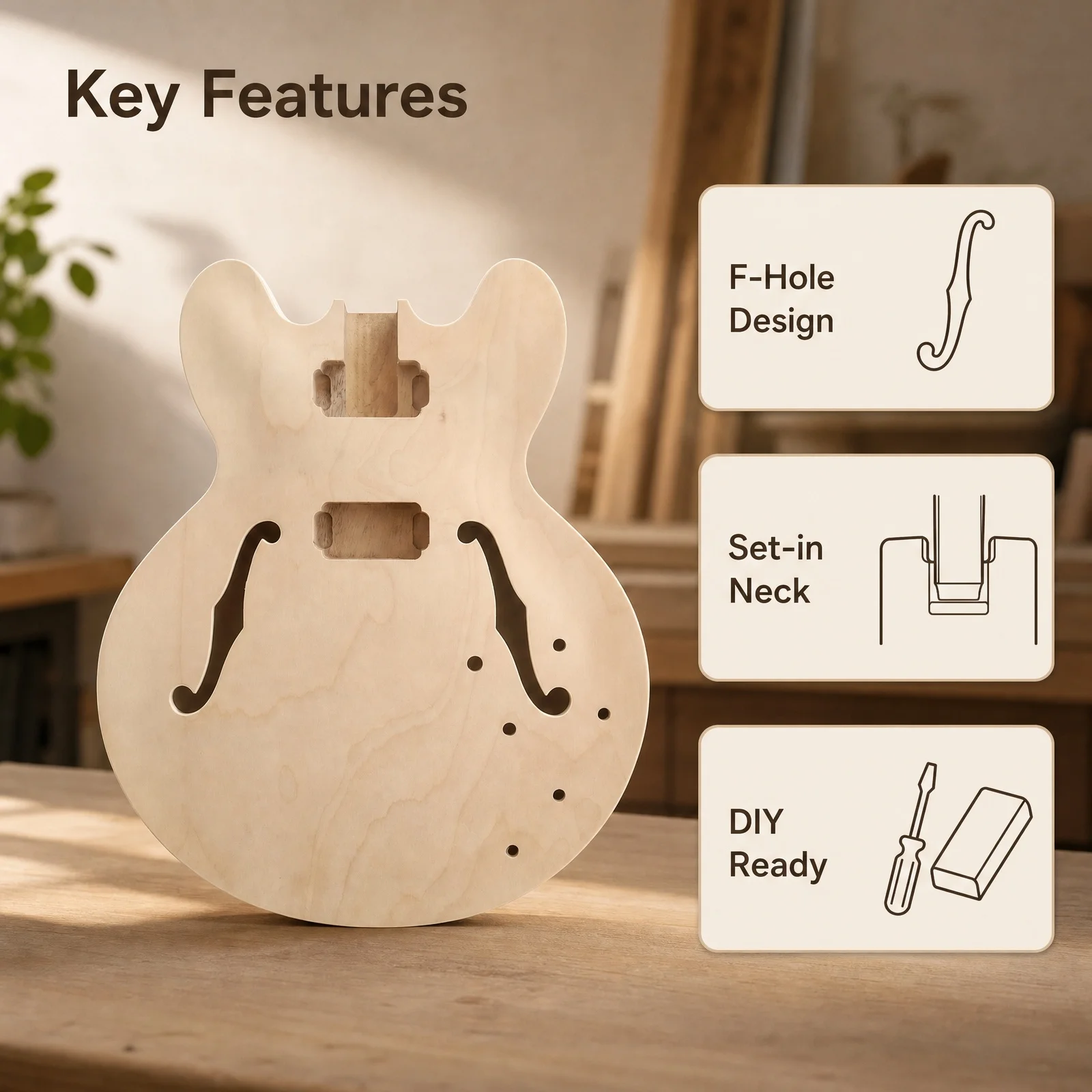 Jazz electric guitar body, semi hollow F-hole design, integrated connecting neck groove, DIY free design，Electric guitar body