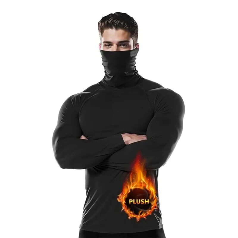 Mens Tight Turtleneck Running Shirt Winter Hooded Fleece Thermal Base Layer Warm Workout