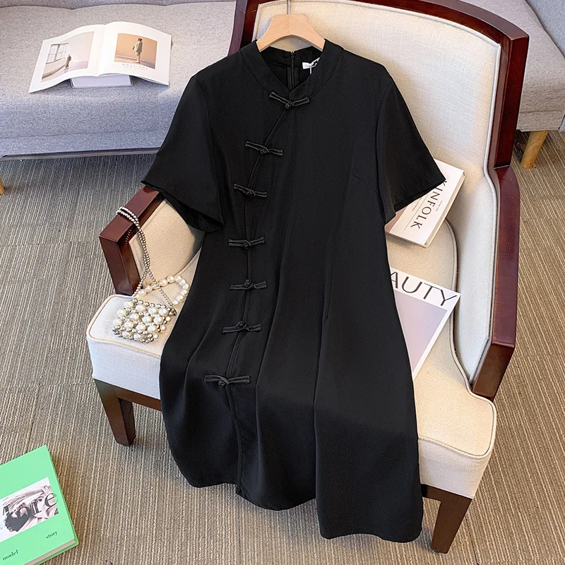 

160Kg Plus Size Women's Bust 154 Summer Loose New Chinese Style Improved Button Up Cheongsam Dress Black 5XL 6XL 7XL 8XL 9XL