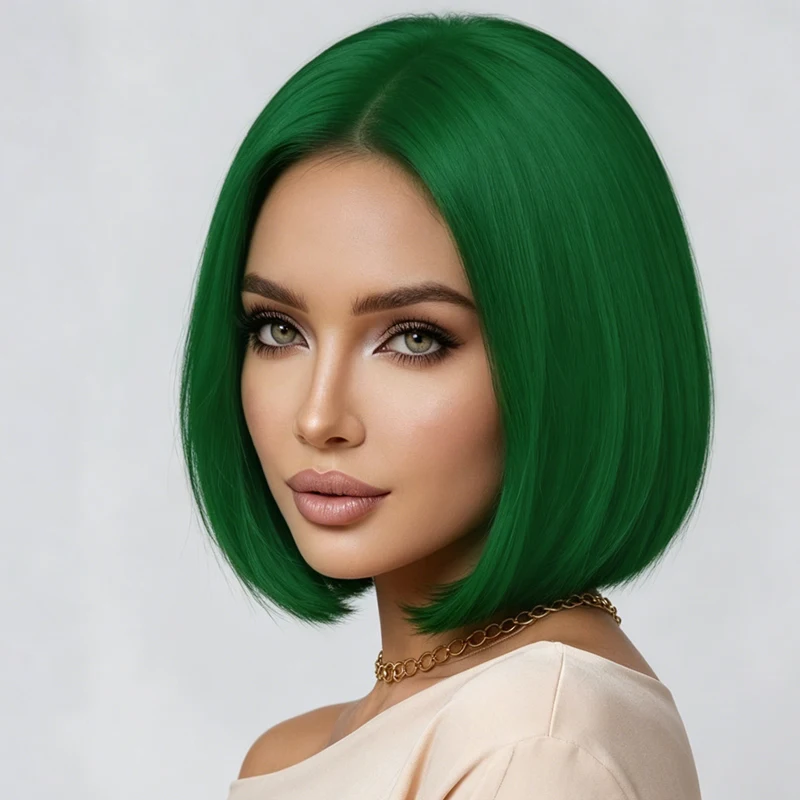 12-inch green synthetic bob wig, sleek center-parted straight hair, soft synthetic fibers, perfect for party outfits.