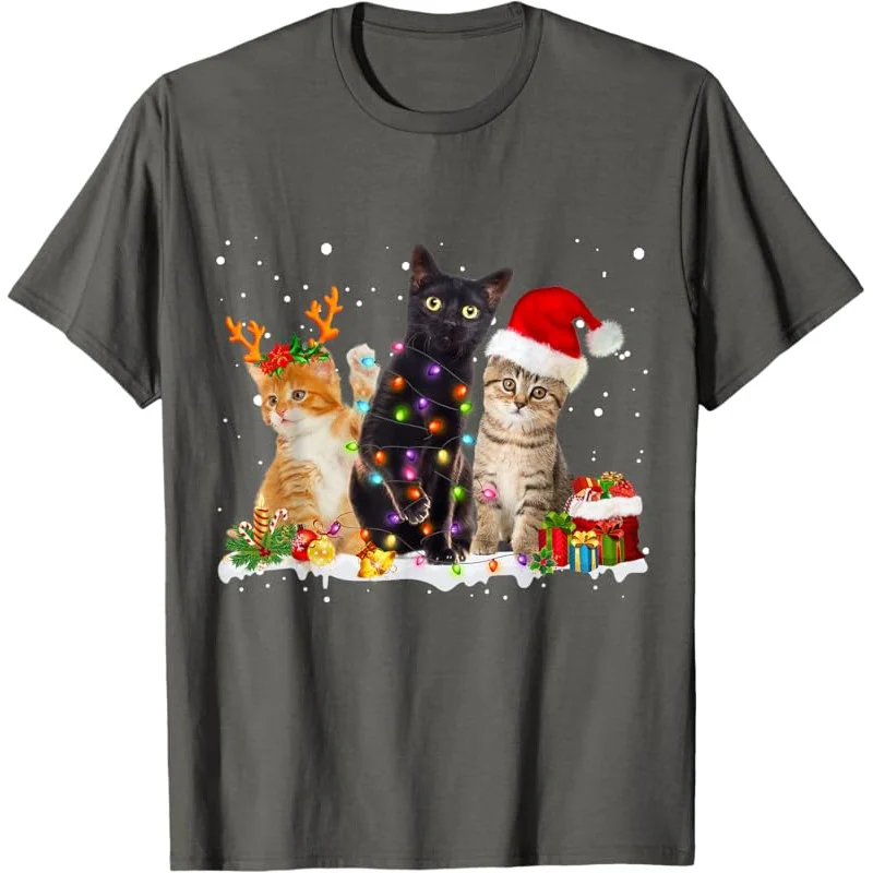 Santa Cat Light Precioso pijama de reno Camiseta navideña para amantes de los gatos