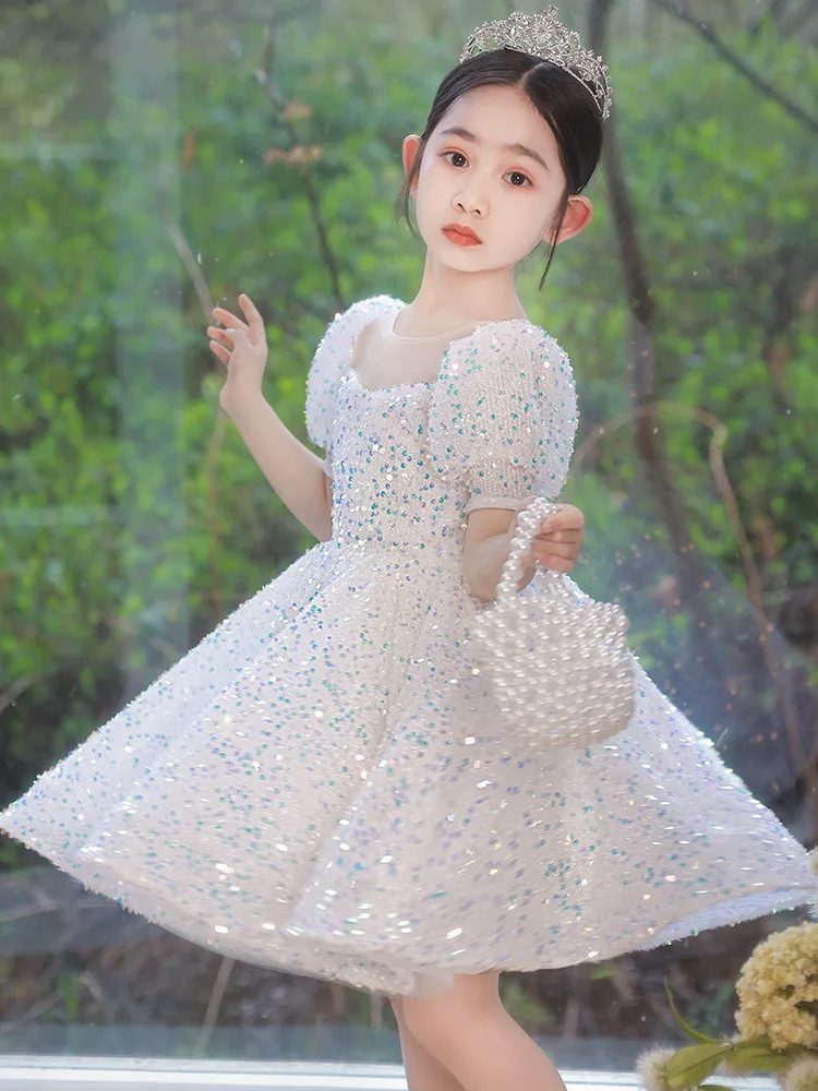 IYEAL Girls\' Sequins Dress Children\'s Princess Dress New Flower Girl Wedding Little Girl Host Piano Performance Dress