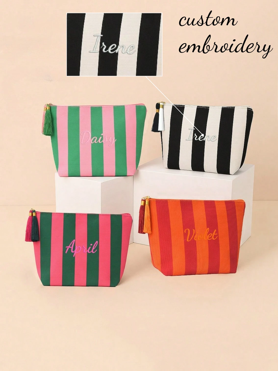 Striped Tassel Makeup Bag Custom Embroidered Name Cosmetic Bag Personalized Canvas Pouch Beach Travel Wash Bag Gift for Women