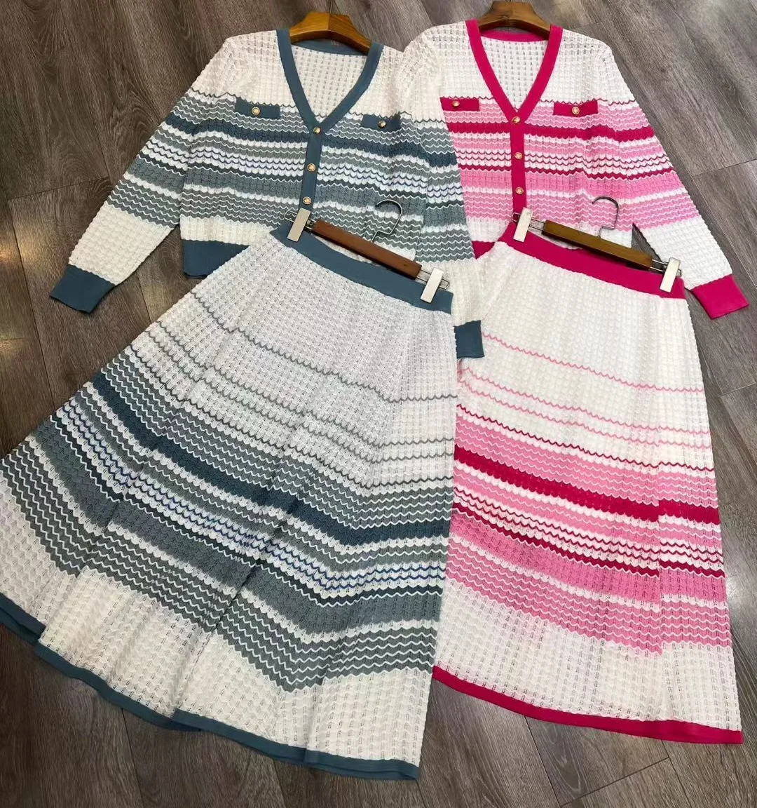 

Top Quality New Women's Set Clothes 2025 Autumn Winter Sweater Set Lady V-Neck Striped Patterns Cardigan Tops+Long Knitted Skirt