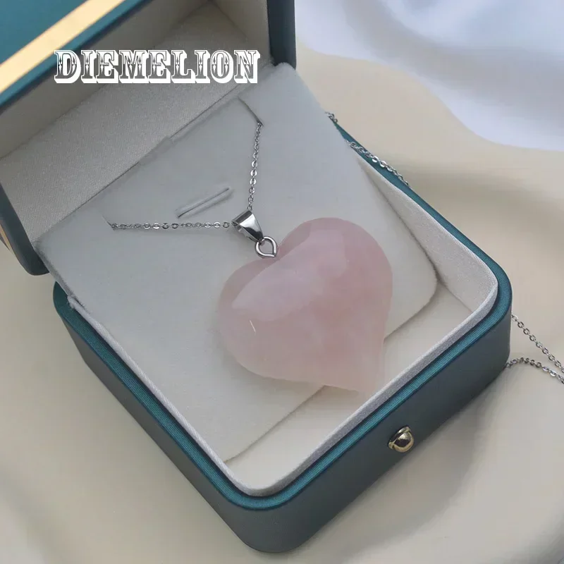 

Big Size 40mm Love Heart Shaped Natural Stone Rose Quartz Amethyst Pendant with O-chain Necklace for Women Lucky Love Gifts