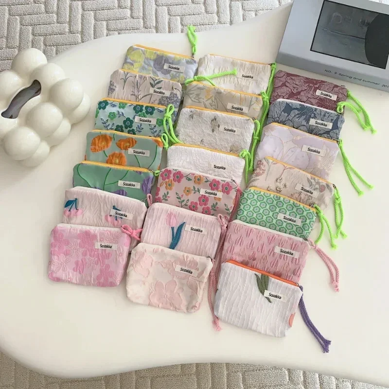 Small Floral Cute Women Wallet Mini Clutch Purse Coin Purse Cotton Fresh Cute Card Case Sanitary Napkins Earphone Bag