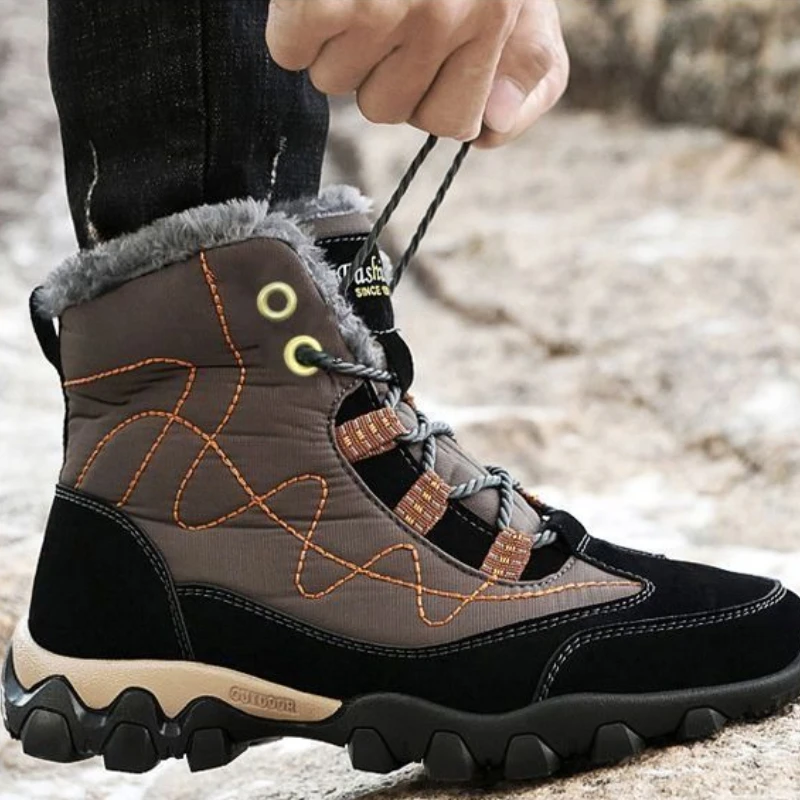 Men's Outdoor Hiking Sports Snow Boots Winter Warm Fleece Lined Thickened High Top Lace Up Anti Slip Cotton Padded Footwear