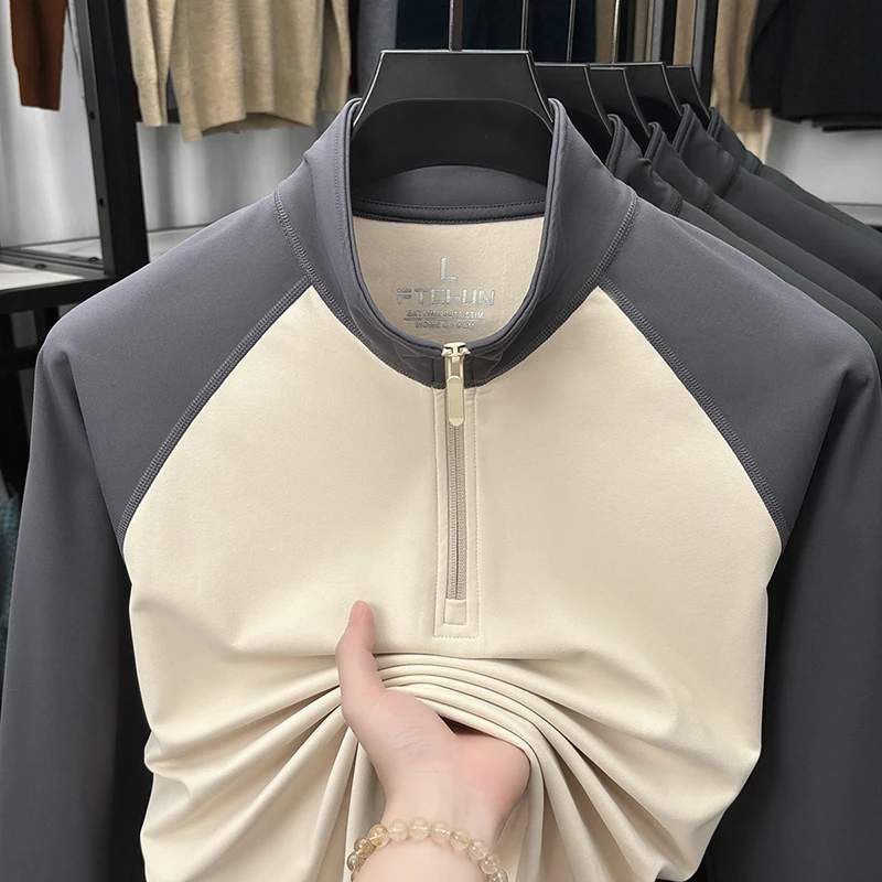 

High quality half zip collar sweatshirt men trendy color blocking simple solid color new coat winter plush warm casual pullover