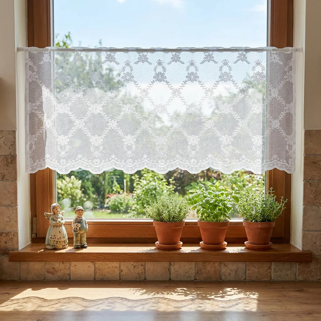 1pc Fresh Rural Diamond-Shaped Lace Curtain Half Length Wave-Like Trim for Kitchen Bay Window Small Window Short Curtain