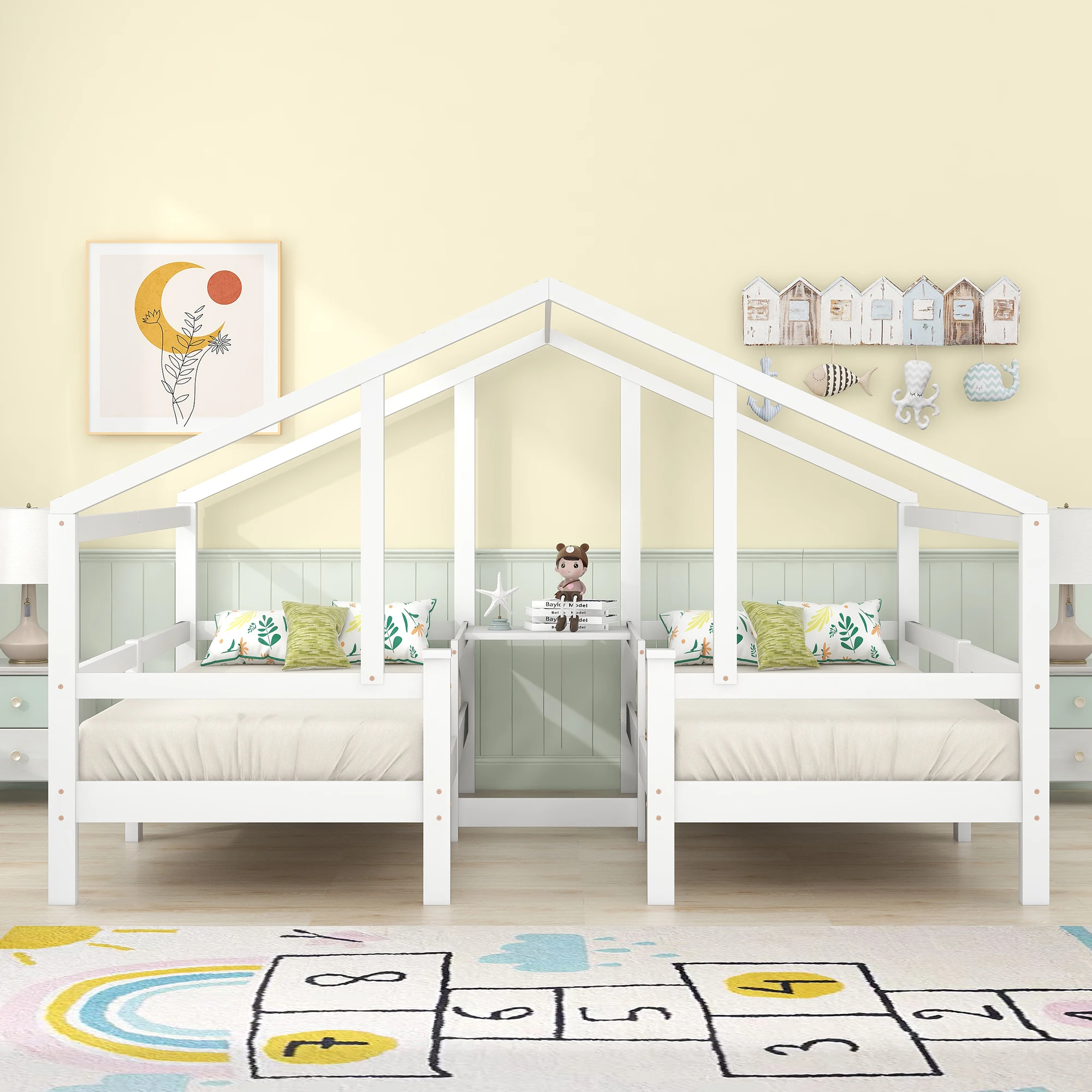 Cama de Casa multifuncional de madera maciza para 2 niños, marco de protección contra caídas, 200x90cm