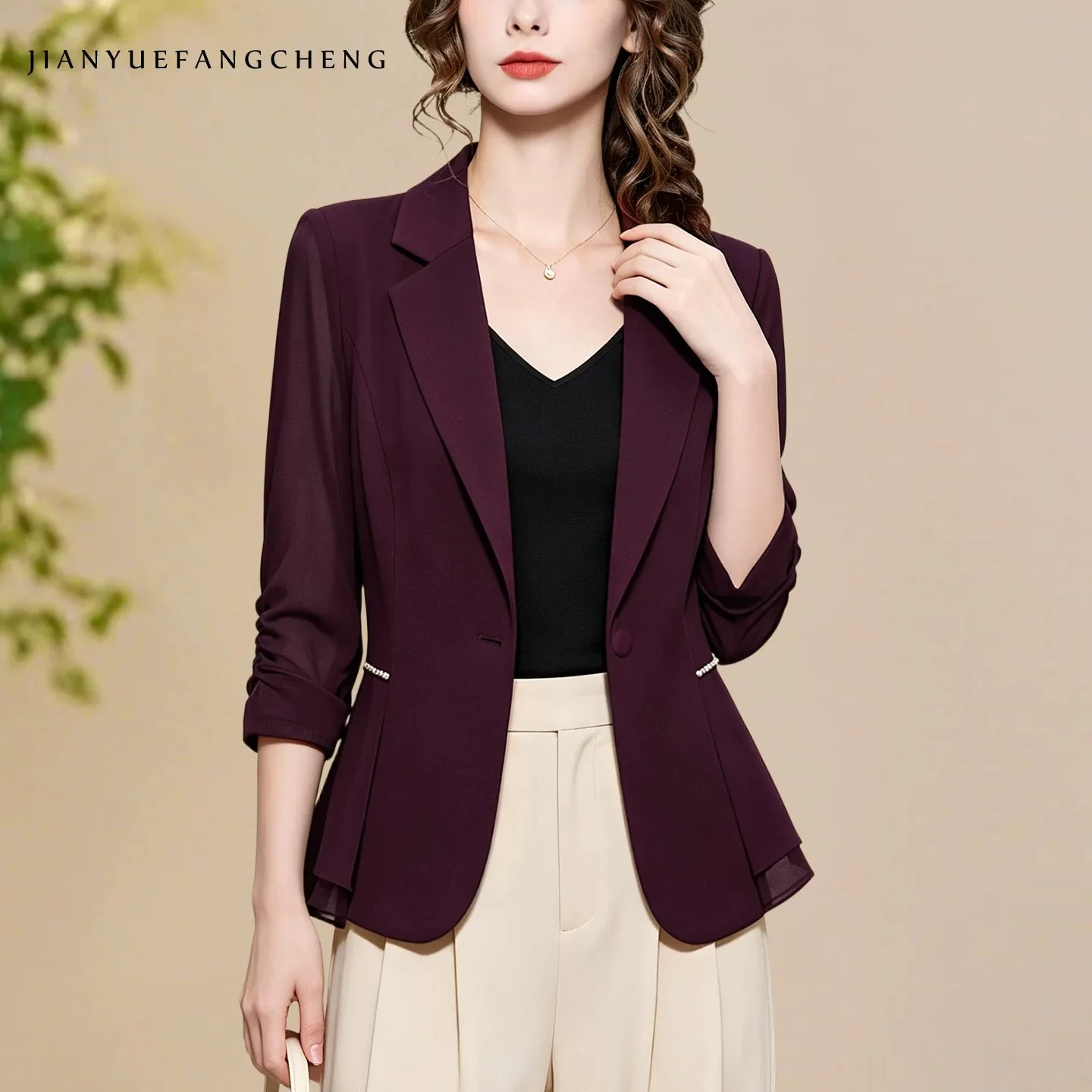 Elegant Suit Collar Women' Office Blazer With See through Mesh Sleeves Spring Summer Jacket Formal Working Blazers