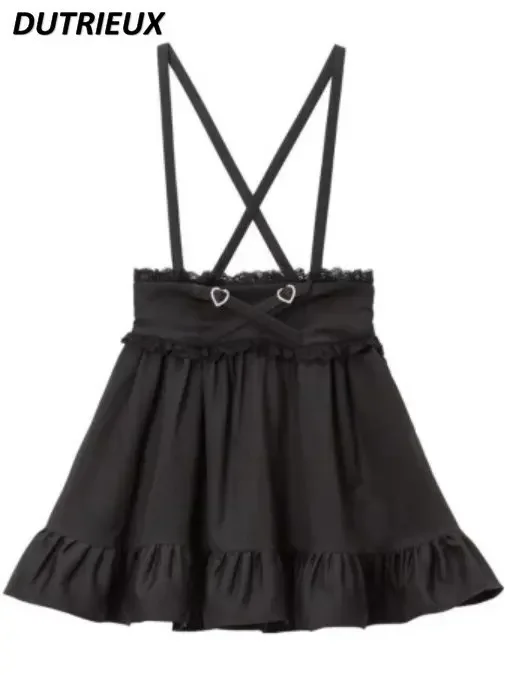 Harajuku Japanese Mine-Style Corset Black Suspender Skirt Women Spring Summer Loose Slimming Pleated Skirt Lolita Long Skirts