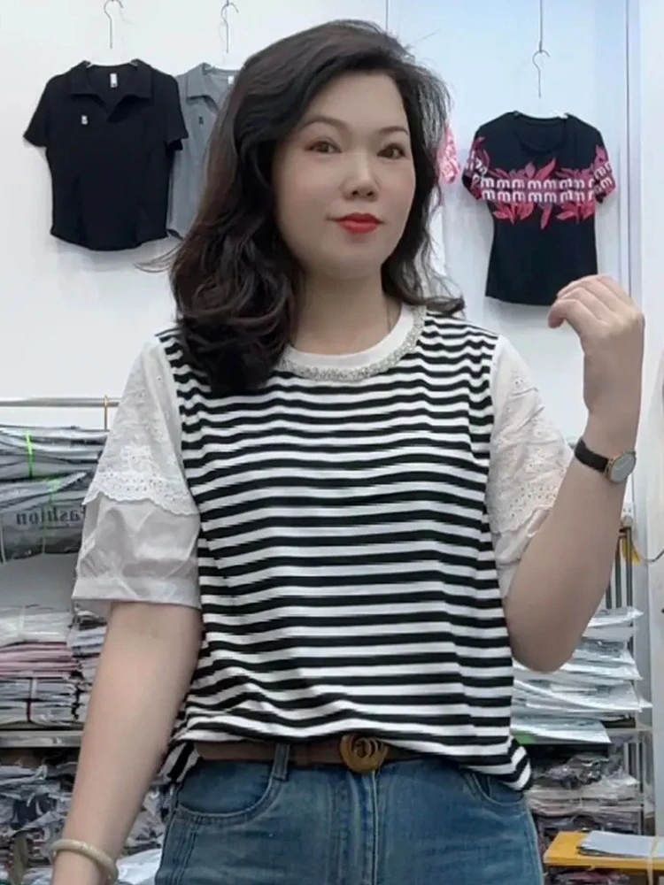 Puur Katoen ort Sve T-shirt vrouwen Zomer Nieuwe Losse Grote Maat Kant Splicing Koreaanse Sle ronde Ne Streep Patroon top