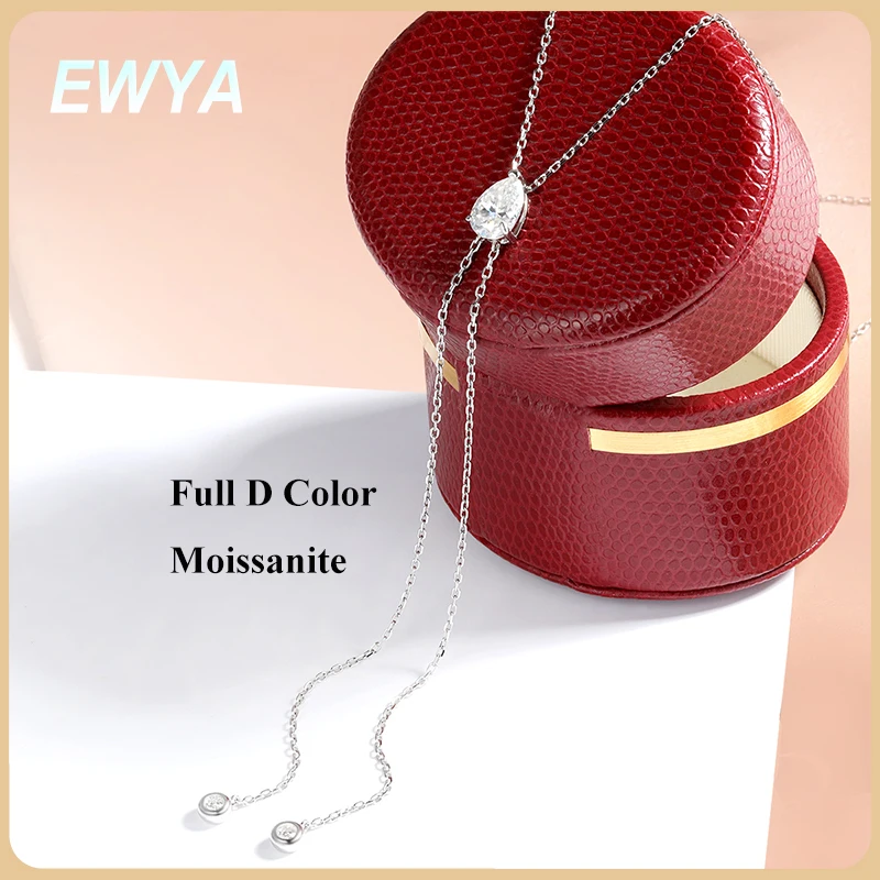 

EWYA Long Tassel 3EX Pear Cut Moissanite Pendant Necklace Women Full Lab Diamond s925 Silver Party Bridal Drop Neck Chain Gift