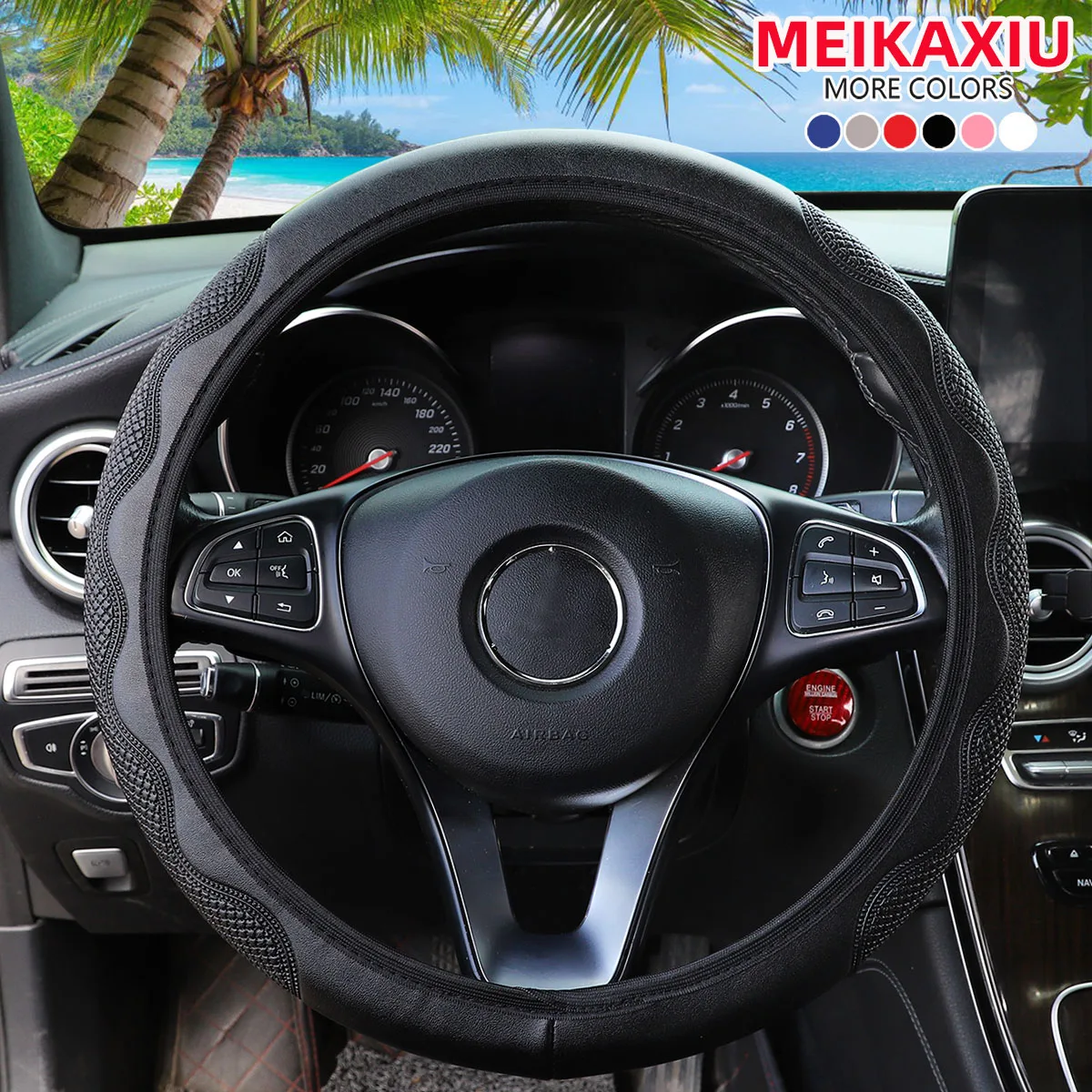 PU Leather Embossed Wave Pattern Steering Wheel Cover Car Rimless Interior Decoration Universal All Season Fit