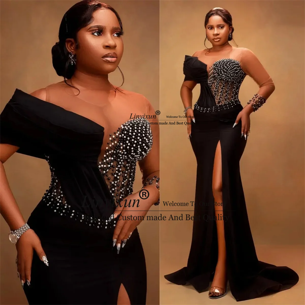 Black Mermaid Prom Dresses for Luxury Beaded Illusion Evening Formal Gowns Long Sleeves Slit Birthday Party Reception Gowns