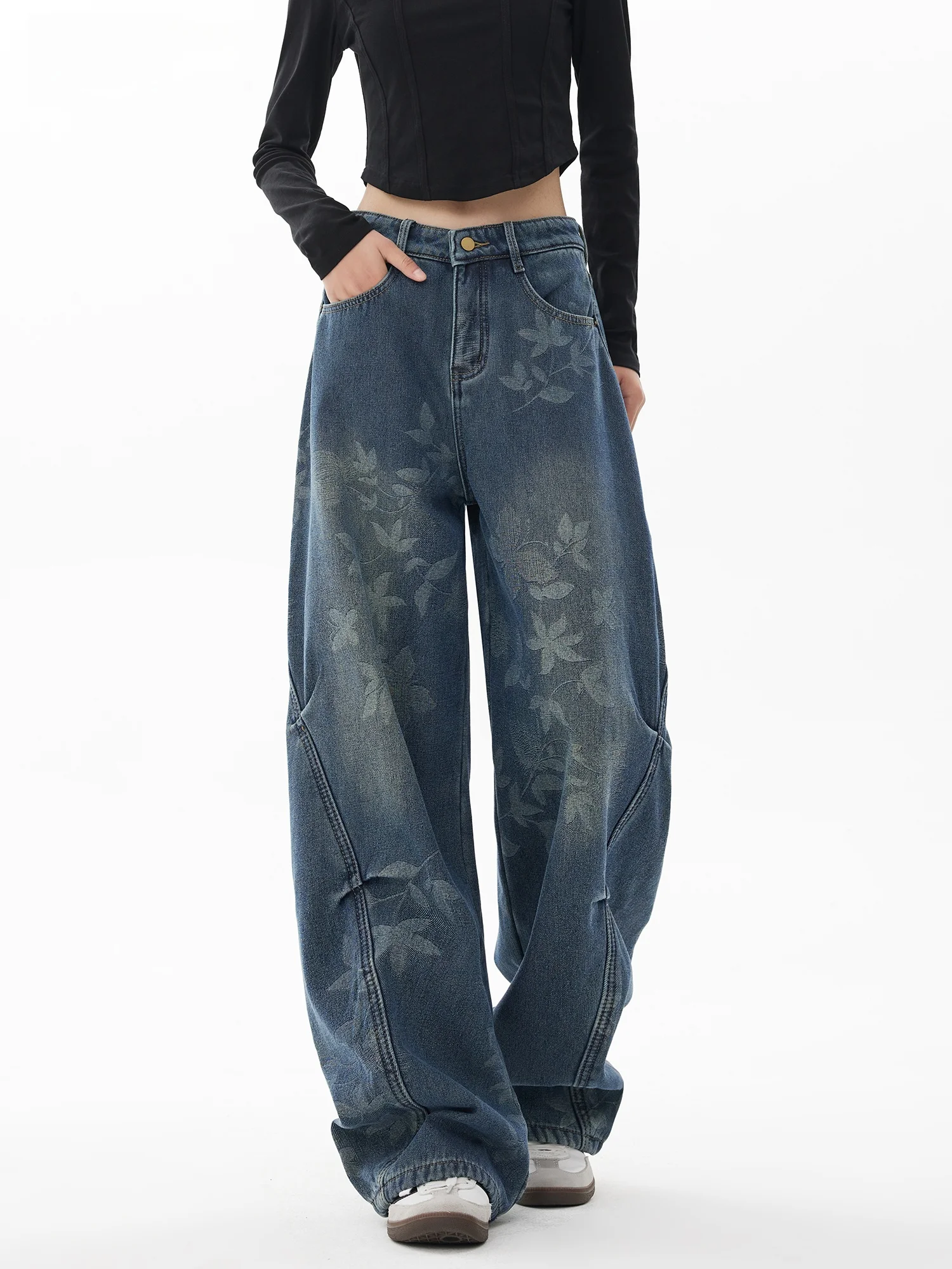 

Retro Blue Fce-Lined Wide Leg Jeans Women's Winter Waed Design Sensation Knife Pants Comfortable High Waist Denim