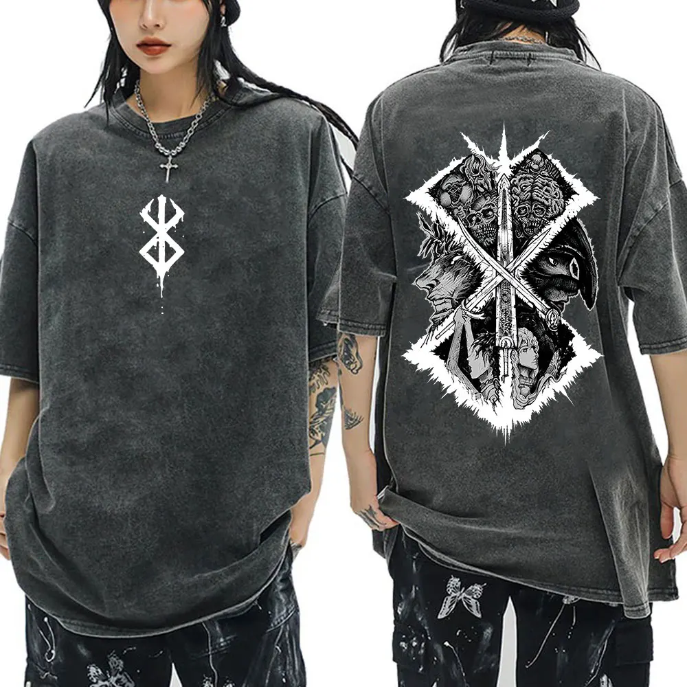Anime Berserk Guts Casca Griffith Graphic Vintage Washed T-shirts Men Women Casual Oversized T-Shirt Fashion T Shirts Streetwear