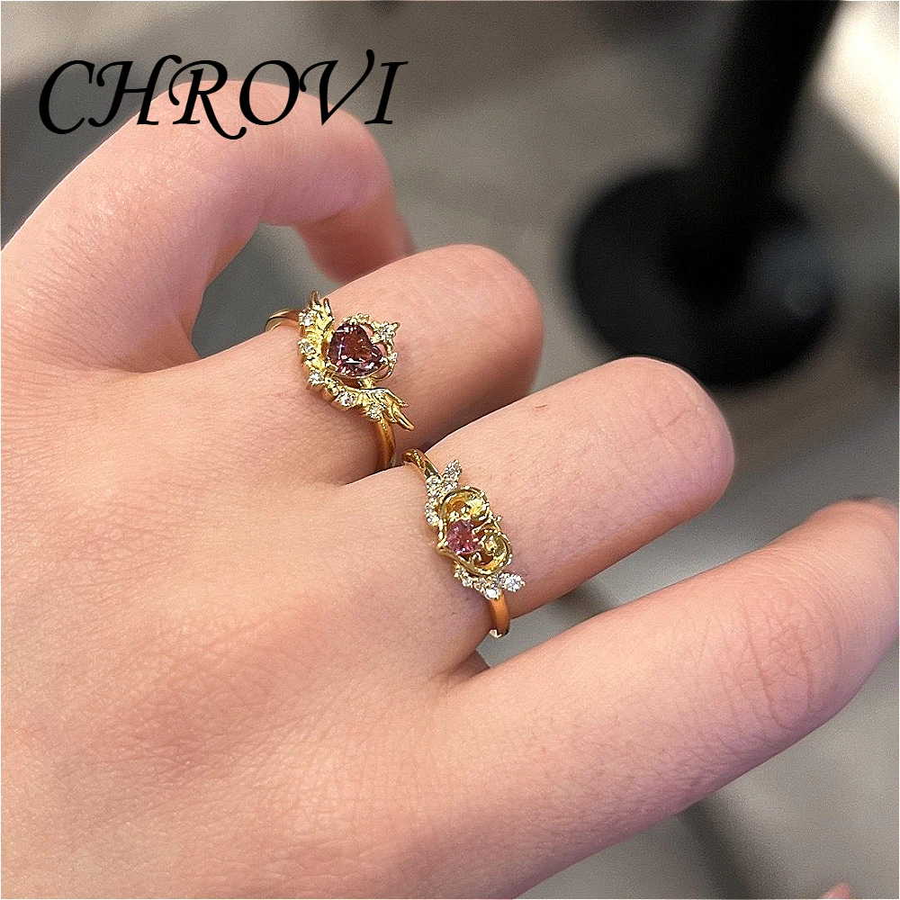 Sweet Heart Pink Zirconium Golden Wings Ring - Vintage Court Style Princess Cute Girl Index Finger Ring