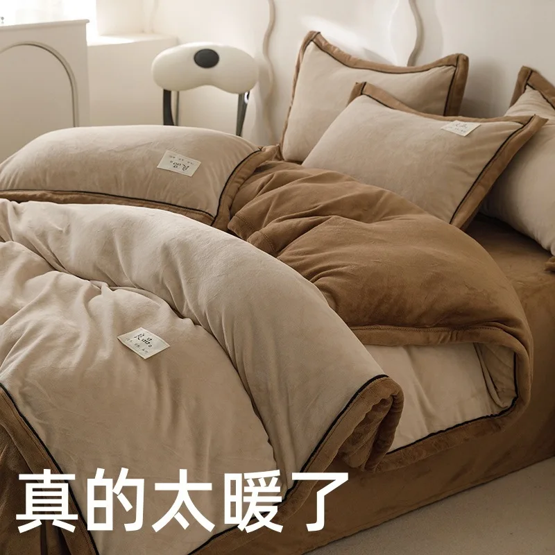Double Sided Velvet Bedding Set Warm Flannel Duvet Cover Pillowcase Bed Sheet Set Khaki Beige Reversible Plush Bed Linen for
