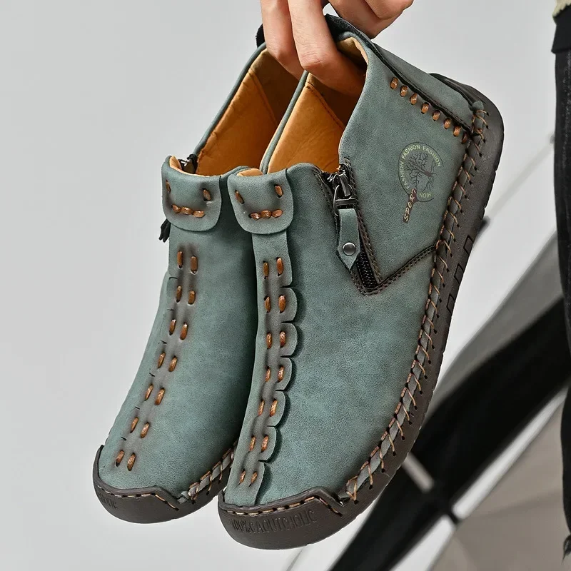 

Men Boots Handmade Casual Ankle Boats for Man Male Hombres Walking Shoe Breathable Hombres Leather Wide Upright Zipper Shoes