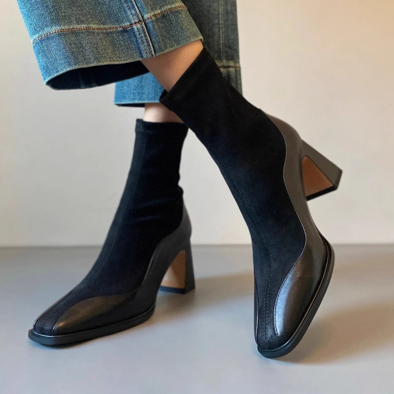 

Ankle Women Boots Elegant High Heels Shoes 2025 Winter New Fashion Square Toe Chunky Snow Boots Trend Brand Woman Pumps Botas