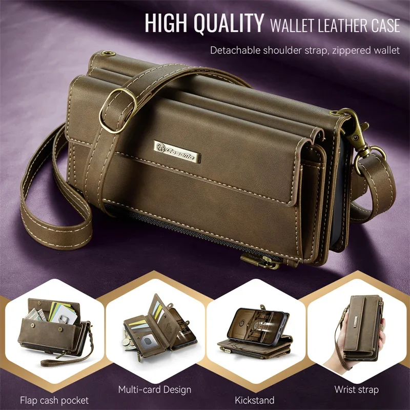 

Кожаный флип-чехол через плечо для телефона Samsung Galaxy S22 S23 S24 FE S20 S21 Plus S25 Ultra Edge Zipper Wallet Multi Card Cover