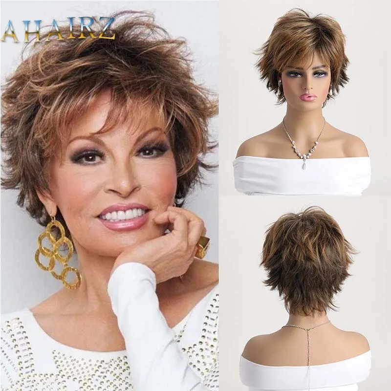 

Short Pixie Cut Light Brown Synthetic Wigs with Bangs Curly Hair Wigs for Women Daily Wig Heat Resistant Fiber