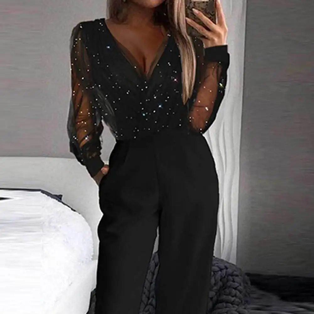 

Women Jumpsuit See-through Mesh Patchwork High Waist With Pockets Wide Leg V Neck Prom Party Formal Banquet Jumpsuit Fluid Pants