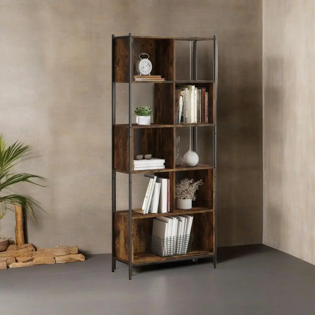 Smoked Oak Bookcase 28.3x11x67.7 Shelf Unit - Sturdy Engineered Wood Storage Solution