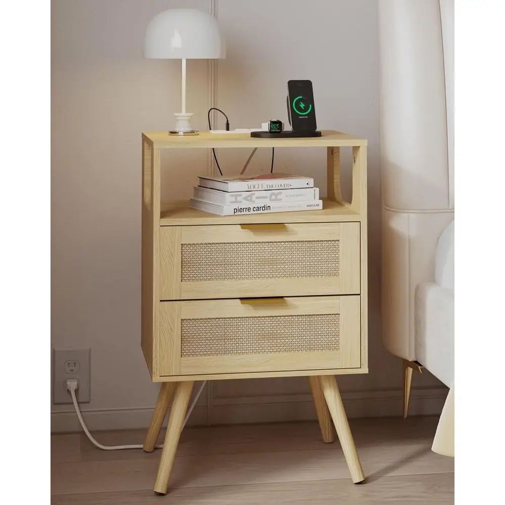 

Solid Wood Nightstand with Charging Station, 2-Drawer Storage Table, and Open Shelving for Bedroom and Small Spaces