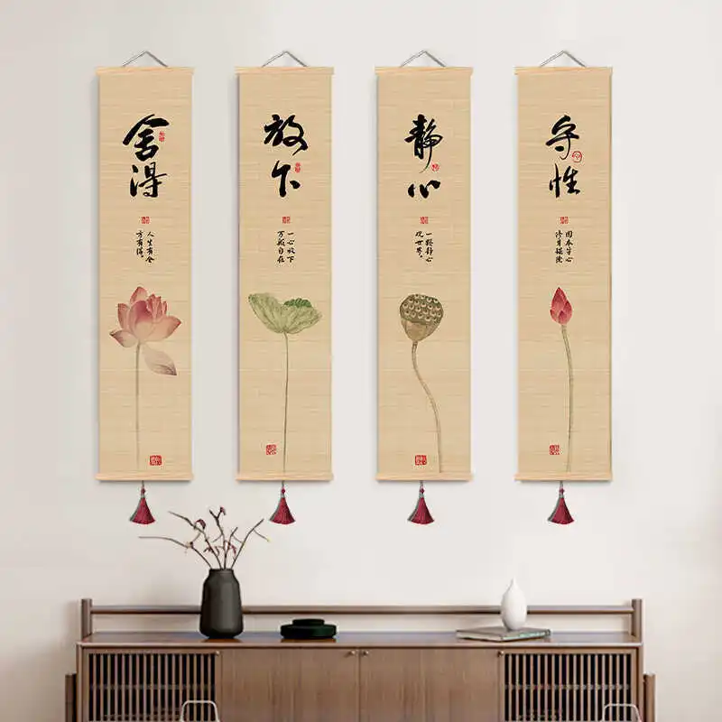 Zen Lotus Bamboo Scroll Tapestry Wall Hanging - BnB Chinese Room Decor Aesthetic for Living Room, Wall Decor with Water Lily