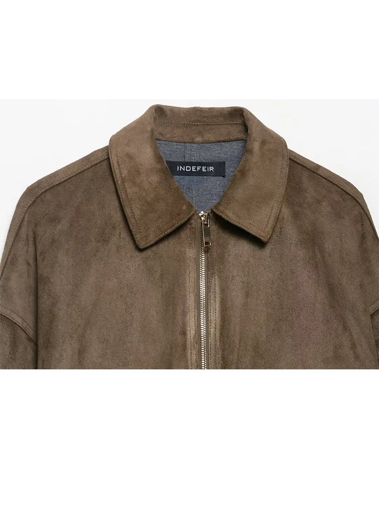 HH femme hiver élégant col rabattu solide veste femmes à manches longues poche décorer fermeture éclair décontracté daim Texture manteau ample