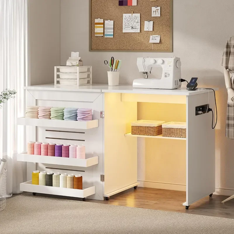 White Sewing Table with 3 Color LED Lights Motion Sensor