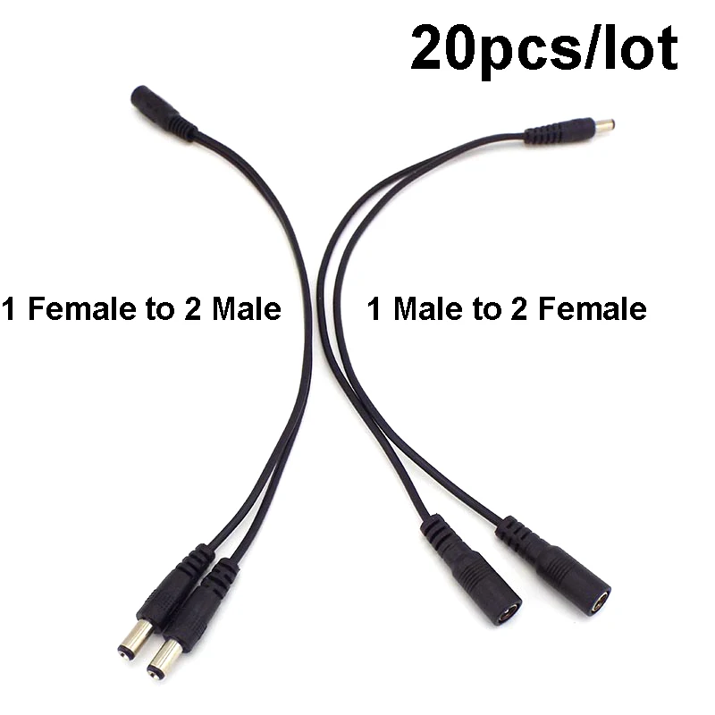 20pcs 1 DC male female to 2 way male female Splitter Power connector adapter Cable 5.5x2.1mm Plug extension for strip light L1