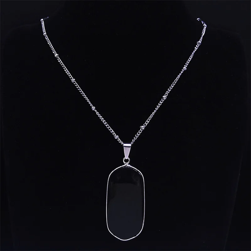 Schwarz Obsidian Geometrische Glück Anhänger Halskette Frauen Boho Naturstein Edelstahl Silber Farbe Halsketten Schmuck NA145S04 – Detail 8