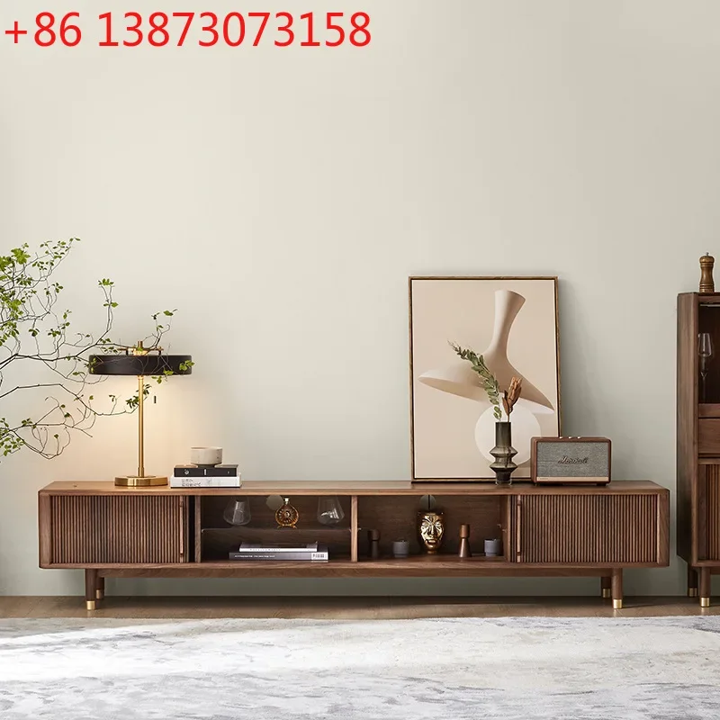 Nordic TV cabinet black walnut solid wood modern simple small apartment living room storage cabinet light luxury rolling shutter