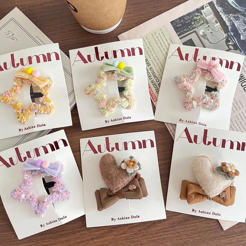 

Winter Children Wool Pentagram Hairpin Mori Little Girl Bow Side Bangs Hairpin Girls Hair Accessories Toddler Girls Clips ZX07