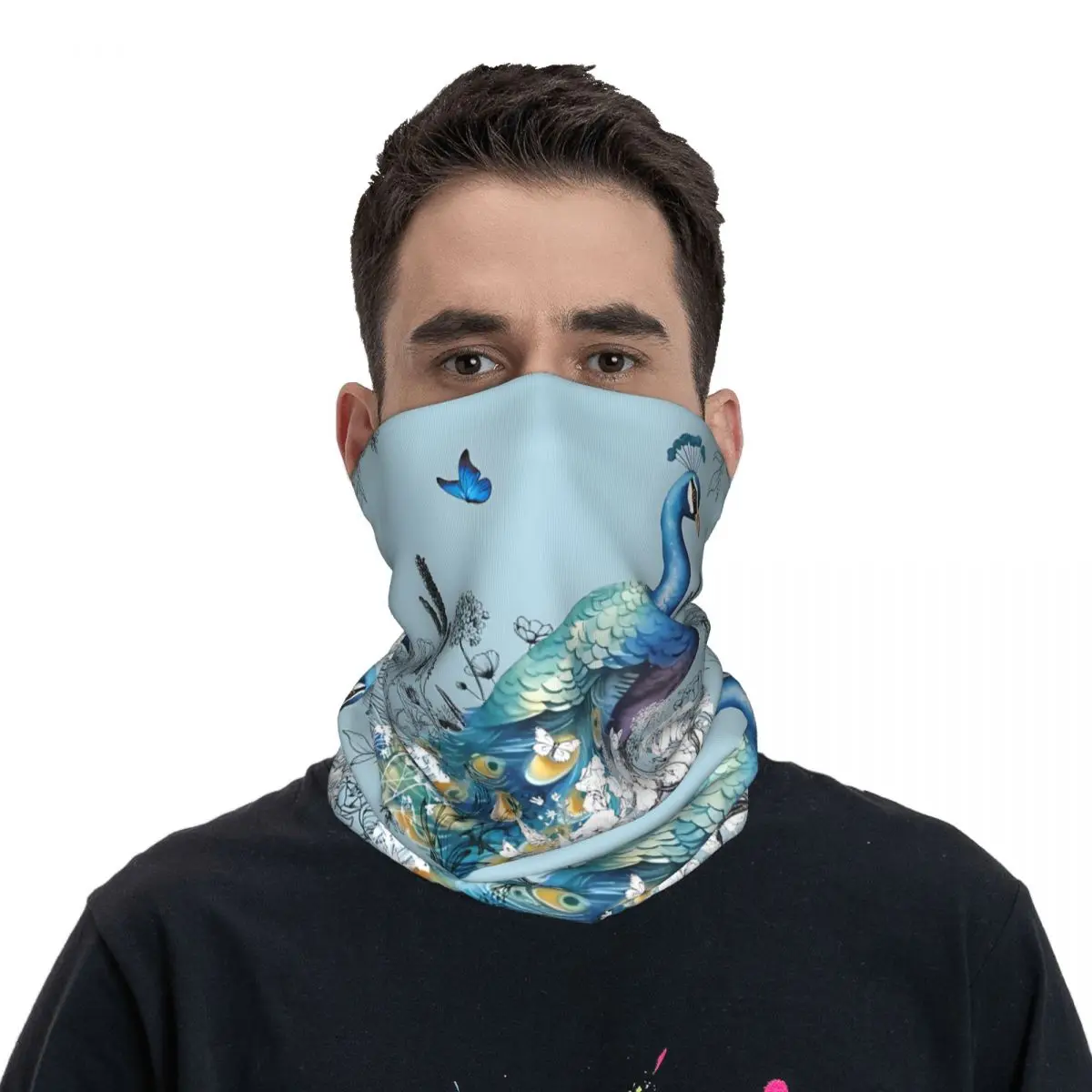 Beautiful Blue Peacock Scarf Neckerchief Neck Face Mask Polyester