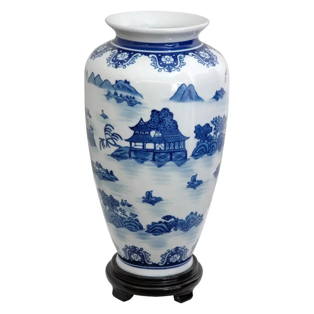 

Oriental Design Decoration Home Decorations 14" Landscape Blue & White Porcelain Tung Chi Vase Decorative Item Any Occasion