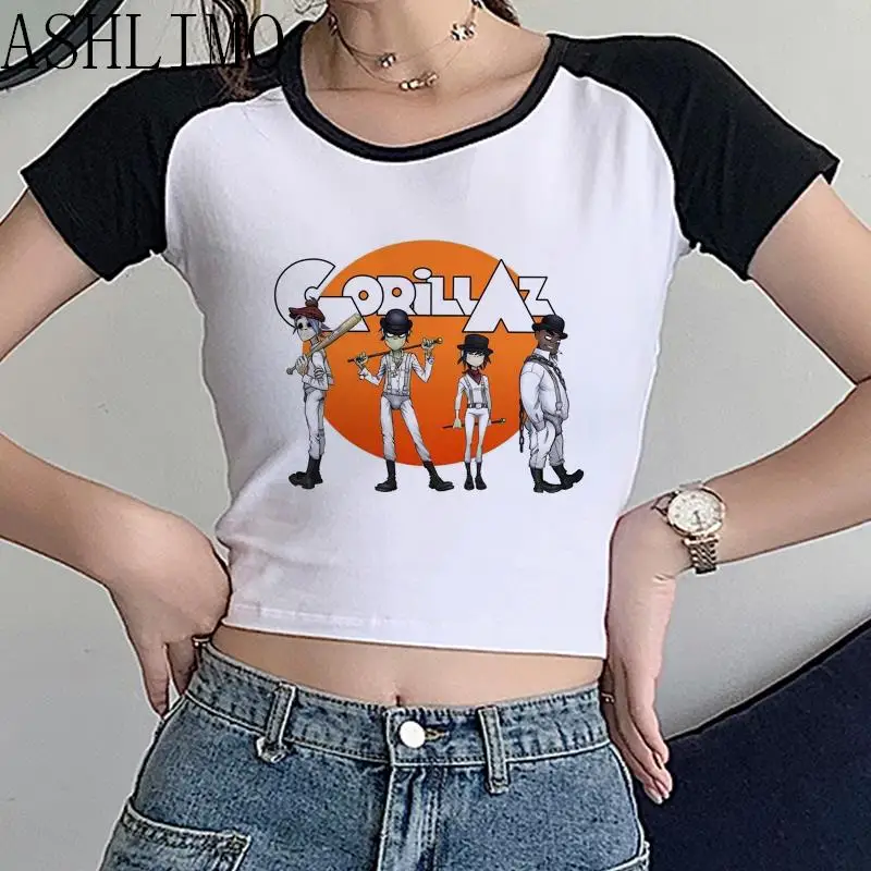 Crop Tops Gorillaz PUNK ROCK Music Band Women Summer 90s O-neck Short Sleeve T-shirts Clothes Shirt Vintage Y2K Bf Clothing Tee