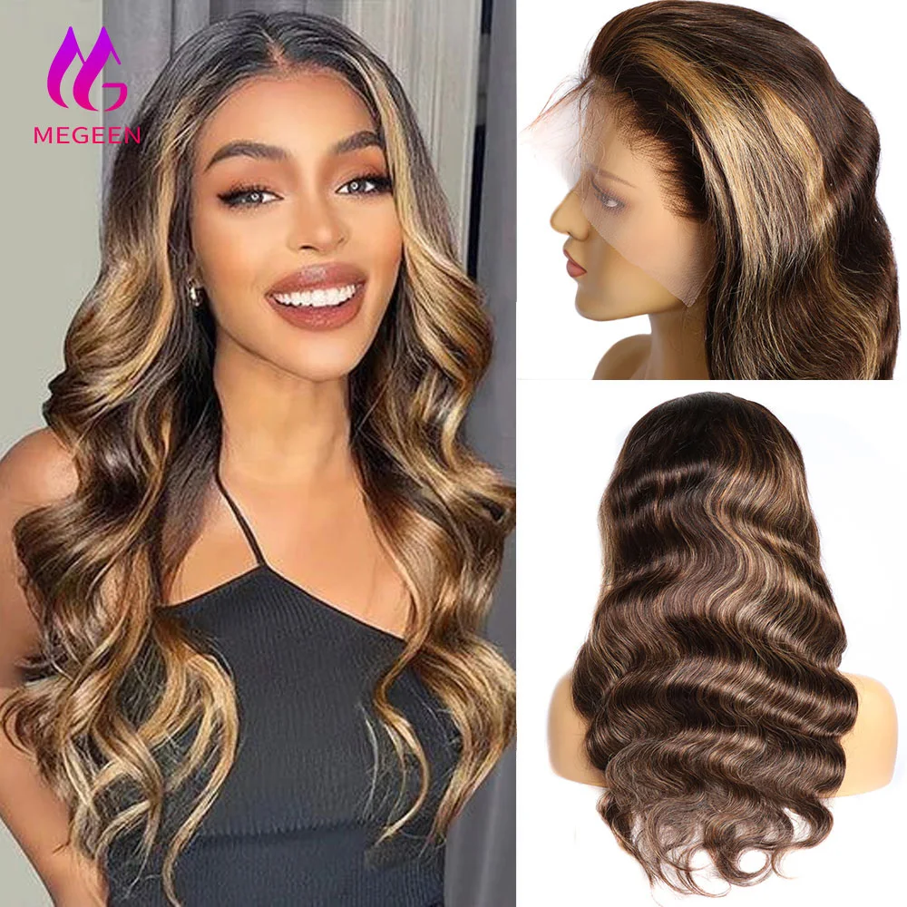 Megeen 하이라이트 허니 블론드 옴브레 컬러 가발, 바디 웨이브 풀 레이스 프론트 가발, HD 투명 레이스 프론트 가발, 180% 36 인치, P4/27