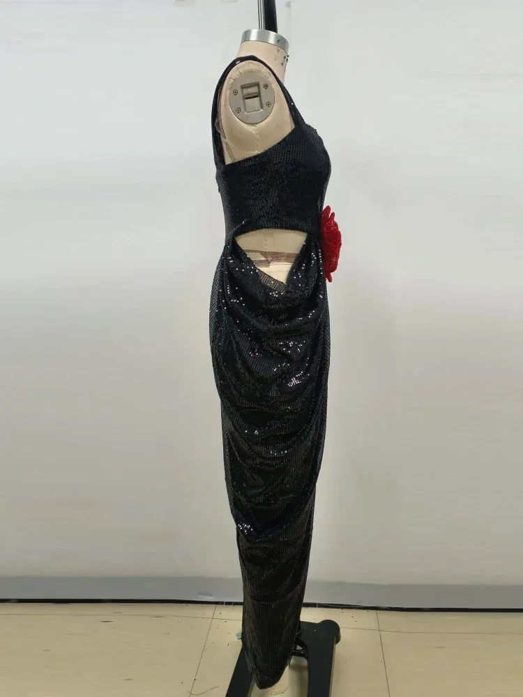 Cinghie sexy Fiore 3D Paillettes lucide Pieghe Abito lungo Donna Nero Senza maniche Ritaglio Increspato Split Abiti slim Abiti da sera Abiti da festa